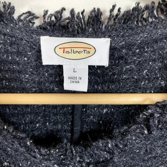 TALBOTS Womens LG Charcoal Wool/Alpaca Blend Button Front Fringe Cardigan Dark - Picture 3 of 8